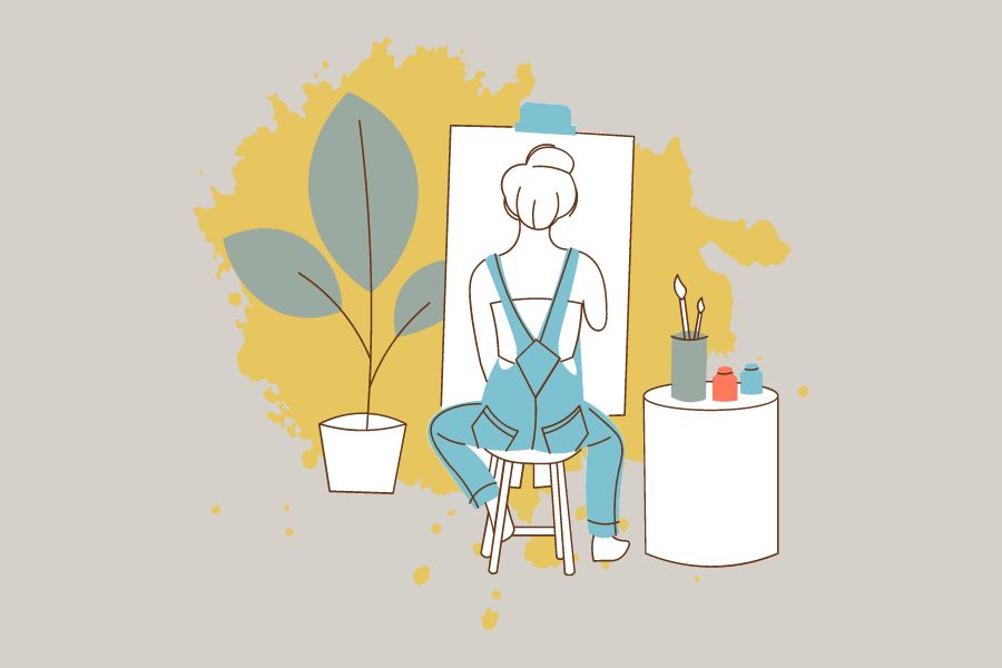 Illustration of an artist sitting at a blank canvas about to begin painting.