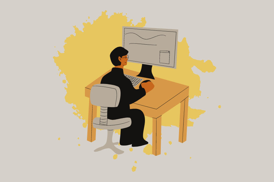 Illustration of a man sitting at a desk working on a desktop computer.