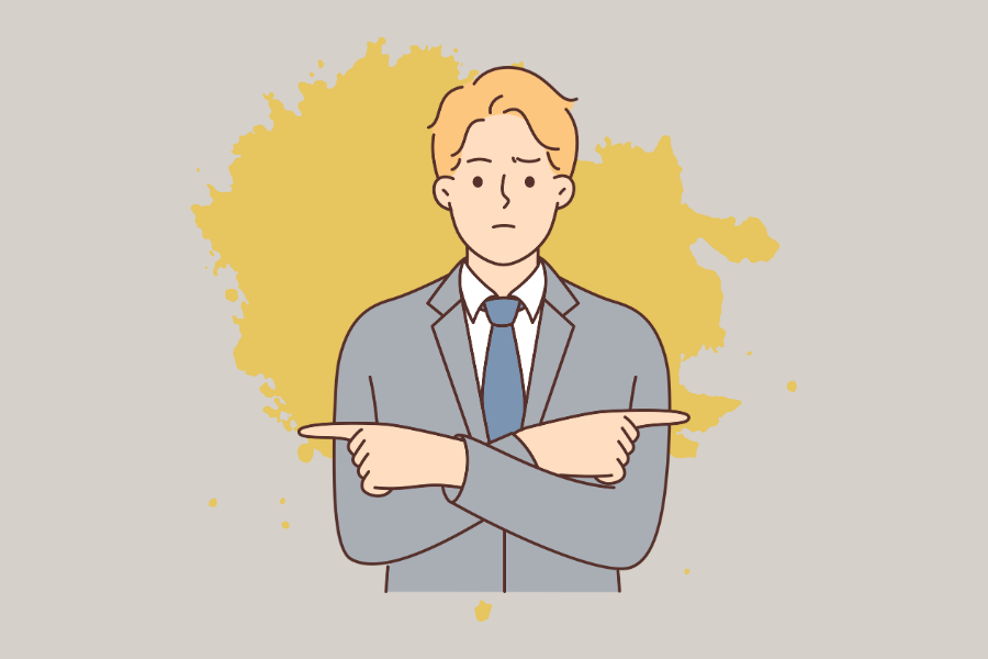 Illustration of a man pointing both left and right to represent different options.