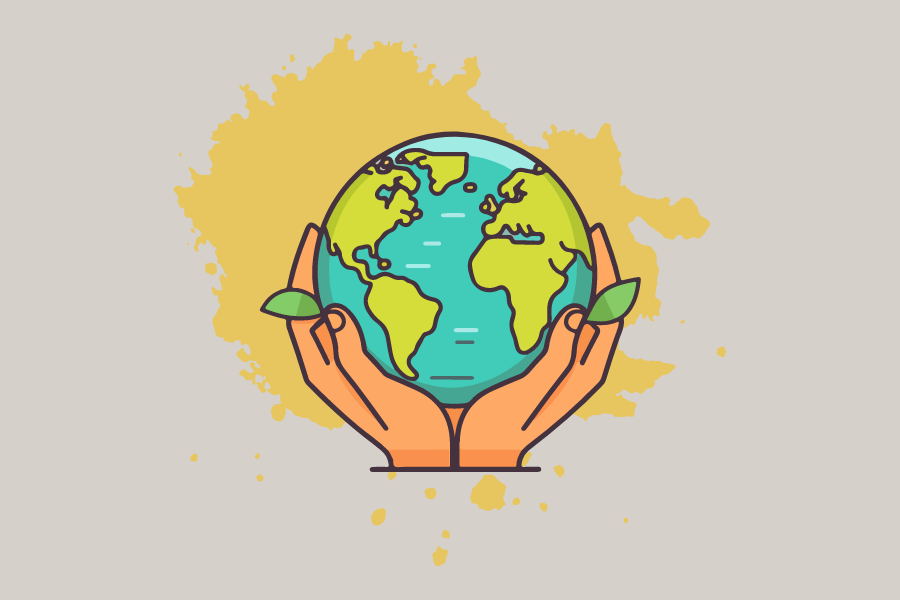 Illustration of the planet Earth being held in the palms of two hands.