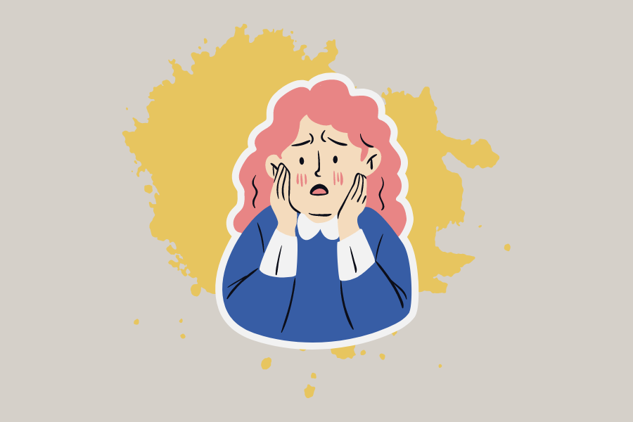 Illustration of a girl holding her hands to her face in a confused manner.