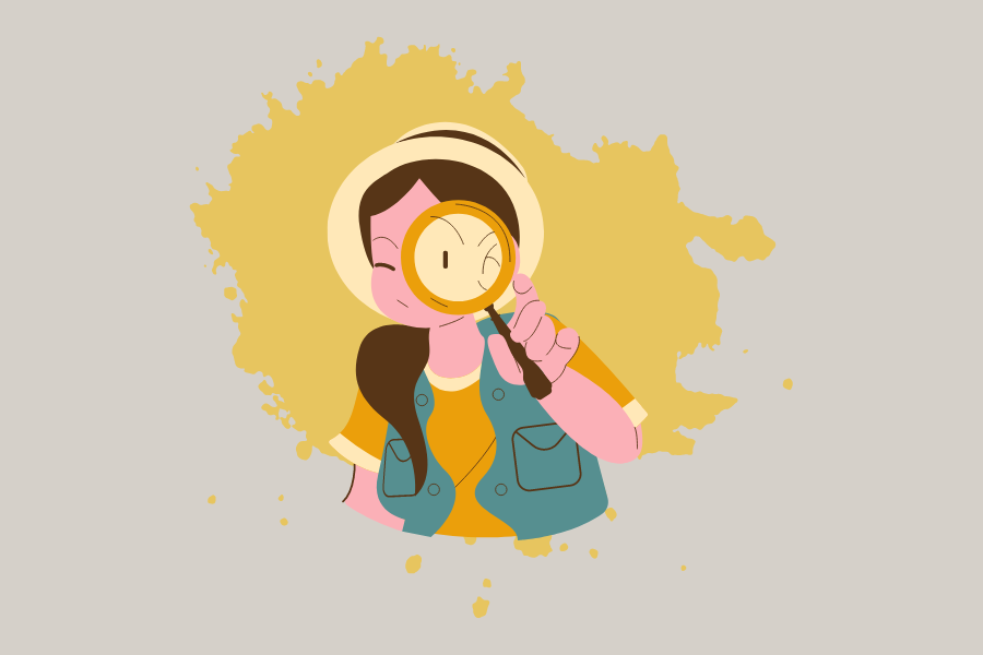 Illustration of a girl peering into a magnifying glass facing towards the front.