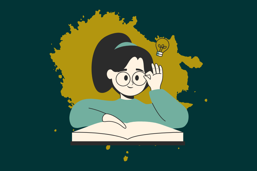 Illustration of a girl reading a book with a lightbulb above her head to indicate her having an idea.