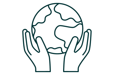 Icon displaying the world inside a pair of hands to represent sustainability