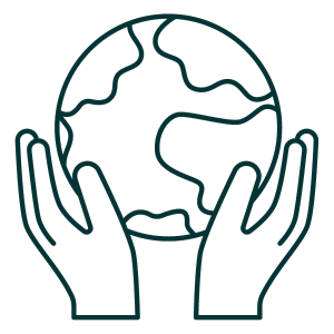 Icon displaying the world inside a pair of hands to represent sustainability