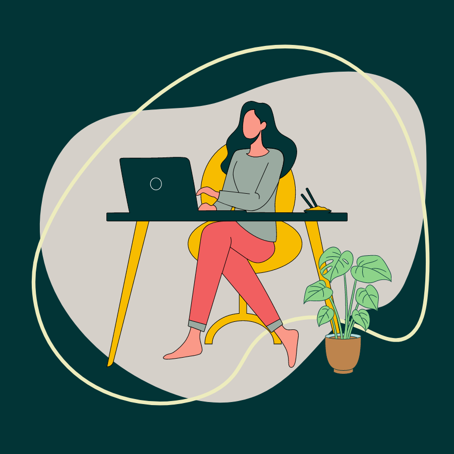 Illustration of a woman sitting at a desk working on a laptop.